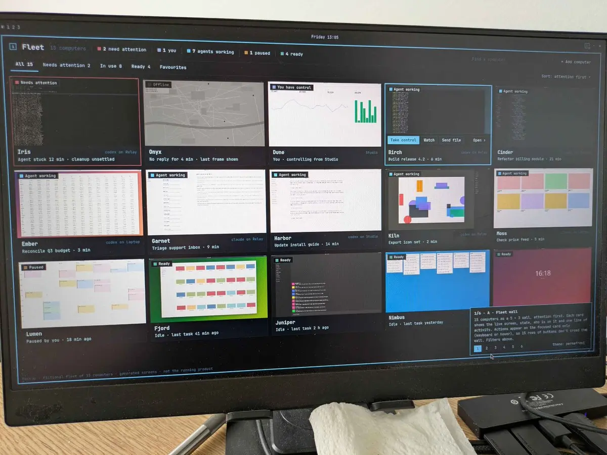 The ibara fleet wall on a monitor with several computers and their live previews
